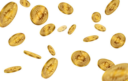 Bitcoin coins flying on a white background. Gold coin money isolated. EPS file.のイラスト素材