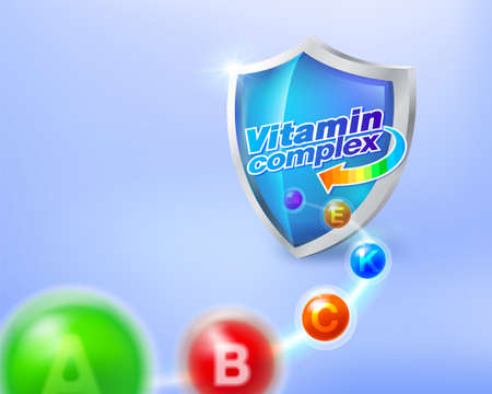 The concept of the vitamin complex is directed towards the blue glass shield. Means get power from multivitamin tablets. Advertisement for health products, packaging.のイラスト素材