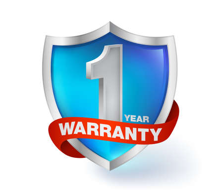 Blue transparent glass shield with text icon one year warranty. Lifelike Warranty Ribbon Used to guarantee quality products.のイラスト素材