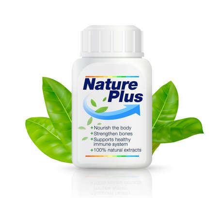 Natural vitamin extract packaging White vitamin bottle containing natural extracts. Vitamin ads for a healthy body. Realistic EPS file.のイラスト素材