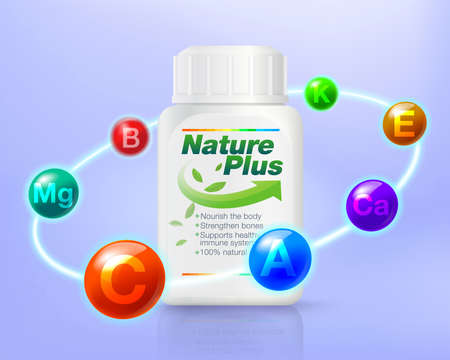 Multivitamin inspired ads from natural extracts Protect your body and stay healthy. vitamin packaging concept. Realistic EPS file.のイラスト素材