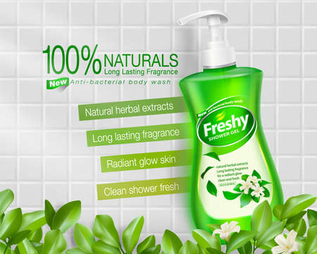 Liquid soap ad Clear plastic bottle with a clear green bath soap pump. from nature, fragrant flowers Shower gel products are placed on white tiles. foreground leaves and flowers.のイラスト素材