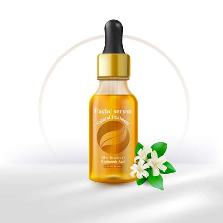 Facial treatment natural acid whitening serum restore anti aging facial serum. Product design for use in advertising business. Product isolated on a white background.のイラスト素材