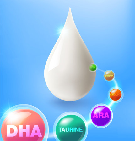 Vitamins and minerals of milk, DHA, taurine, ARA, omega and vitamin B12, choline and other essential vitamins for infants. Advertising design for baby food products, instant milk.のイラスト素材