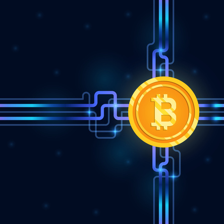 gold bitcoin digital currency icon on circuit board background. mining and crypto currency technology concept. vector illustration.のイラスト素材