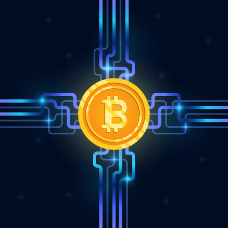 digital money bitcoin icon with circuit board elements. mining and crypto currency technology concept. vector illustration.のイラスト素材