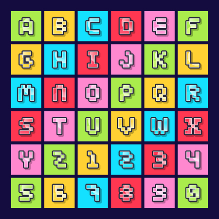 Set of colorful pixel art alphabet and number typeface with shadow. vector typography design.のイラスト素材
