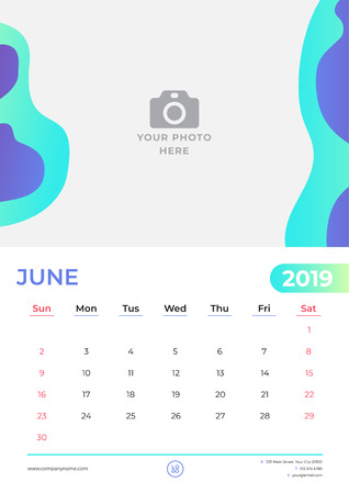 June 2019 calendar design. Simple green and purple background. Week starts on Sunday. Vector design print template with place for photo.のイラスト素材