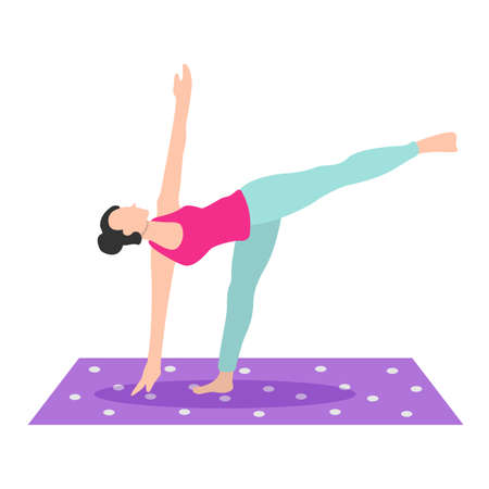 Young woman practising yoga exercise on white background. half moon pose. vector sport illustration design with flat style.のイラスト素材