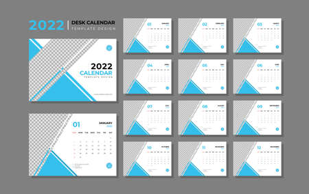 Calendar design for 2022. business style with blue color. Week starts on sunday. Set of 12 calendar pages with cover design. Vector calendar design template with place for photo.のイラスト素材