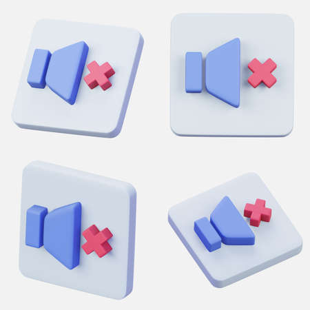 Set of  3D rendering mute icon interface symbol isolated on white background.  Video or music player...