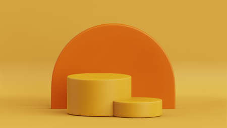 3D rendering of empty product display podiums on yellow color background. Stage for product display or advertising.の写真素材