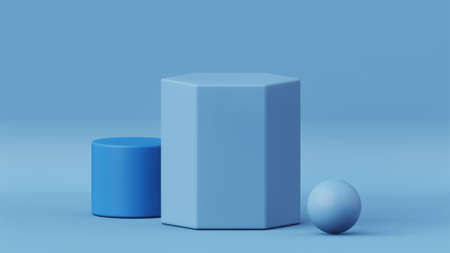 3D rendering of empty product display podiums on blue color background. Stage for product display or advertising.の写真素材