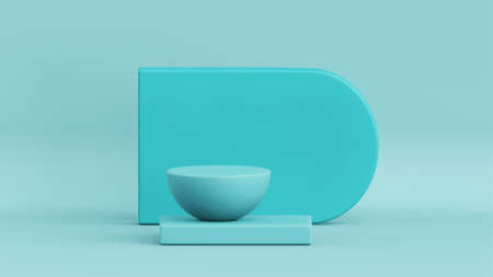 3D rendering of empty product display podiums on turquoise color background. Stage for product display or advertising.の写真素材