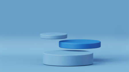 3D rendering of empty product display podiums on blue color background. Stage for product display or advertising.の写真素材