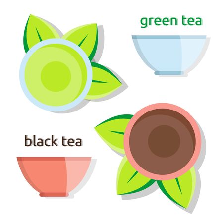 Cute pink kettle, cup, saucer. Black, red, green, white fresh tea time illustration icons.のイラスト素材
