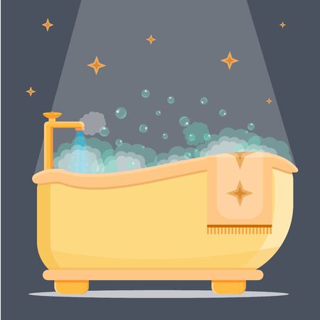 Retro vintage beige luxury rich home bath bathroom with foam bubbles, open water tap, hanging terry towel. Hygiene women, female, male relax concept. Modern flat vector illustration. Isolated on whiteのイラスト素材