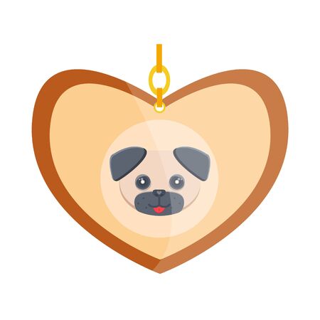 Luxury retro vintage stylized pet vet cat animal dog brown wood gold beige amulet medalion heart locket face muzzle cute pug-dog on the chain Modern flat vector illustration icon Isolated on whiteのイラスト素材