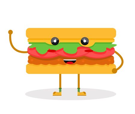 Happy cute smile sweet charcter paper sandwich burger butty with tomato cutlet salad chiken fish concept with handles and legs. Modern flat  vector illustration icon. Isolated on white backgroundのイラスト素材