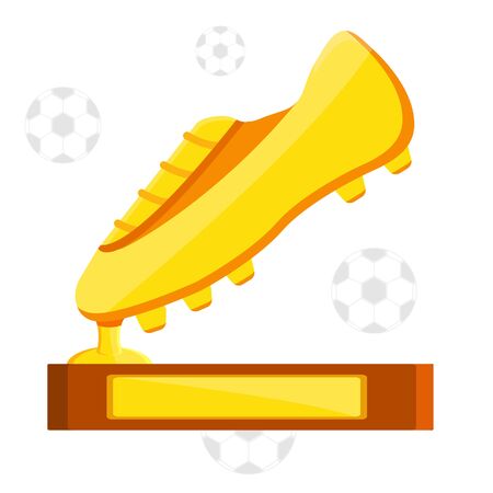 Football soccer sports awards gold golden reward balls, whistle, glove shoe for best top first player coach, referee, team goalkeeper. Pedestal with cup. Modern flat  vector illustration icon on blackのイラスト素材