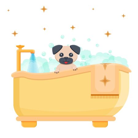 Retro vintage luxury night home bath bathroom with foam bubbles open water tap, hanging terry towel. Cute smile pug dog puppy pet grooming concept. Modern flat vector illustration. Isolated on blackのイラスト素材