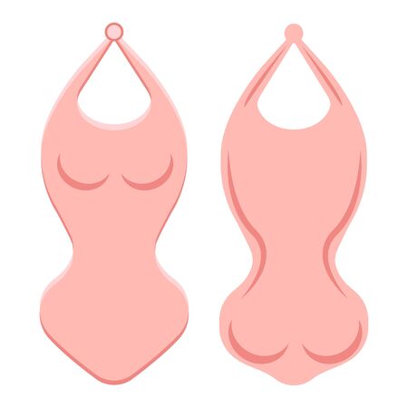 Cute retro vintage female woman swimsuit body underwearin sportswear swimwear pink colors on white. Modern flat style vector illustration icons. Summer holiday pool apparel. Femininity clothing themeのイラスト素材