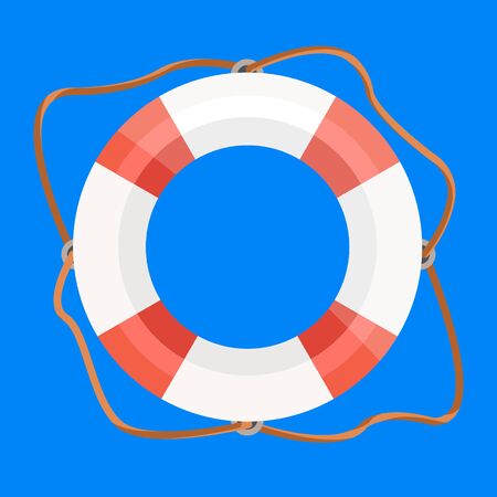 Red white stripped vintage retro life buoy, lifebuoy with rope. Modern flat cartoons style vector illustration icons. Isolated on white background.のイラスト素材