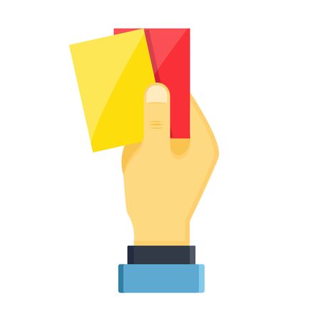 Realistic hands holds out shiny plastic yellow red football sport soccer referee cards for fouls, player exclusions. Modern flat cartoons style vector illustration icons. Isolated on white backgroundのイラスト素材