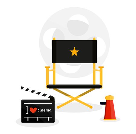 Cinema movie film directors set. Stool movie table megaphone chair retro vintage style poster in red black. Coil strip. Modern flat style vector illustration icons. Isolated on white background.のイラスト素材