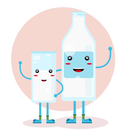 Happy cute smile sweet character cartoon full fresh milk glesses, bottle with legs and handles for breakfast firmのイラスト素材