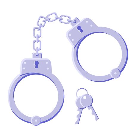 Metal realistic gray handcuffs for detaining criminals with key. Outfit of a policeman. Prison single. Modern flat style vector illustration icons. Isolated on white background. Manacle, bracelets.のイラスト素材