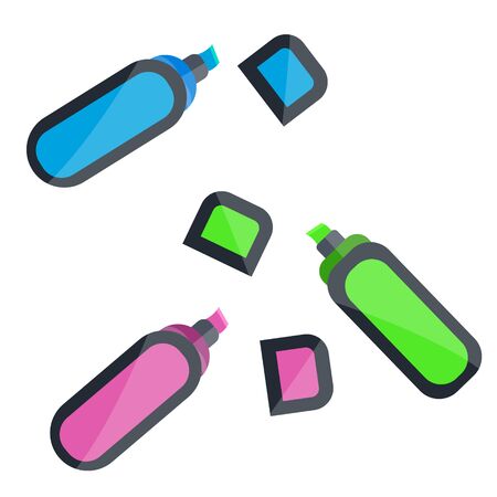 Set of three green blue violet markers. School supplies for study, office, university. Stationery. Modern flat cartoons style vector illustration icons. Isolated on white background. Color markersのイラスト素材