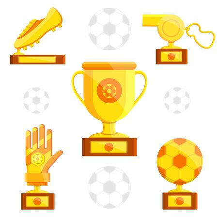 Football soccer sports awards gold golden reward balls, whistle, glove shoe for best top first player coach, referee, team goalkeeper. Pedestal with cup. Modern flat  vector illustration icon on blackのイラスト素材