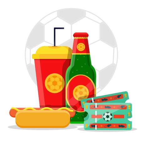 Football soccer fan lover street fast food unhealthy game match set concept. Glass green bottle of beer, two tickets, hot dog, plastic red yellow glass of soda. Modern flat vector illustration icons.のイラスト素材