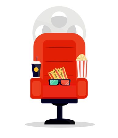 Red cinema movie amchair. Popcorn 3d glases, soda bucket box drink. Cinema night concept. Modern flat style vector illustration icons.のイラスト素材