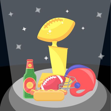 American football sport set. Flat cartoons vector illustration icons on white background. American football: sport gear, helmet, player, field, fan, food, protection, training equipments, referee, cupのイラスト素材