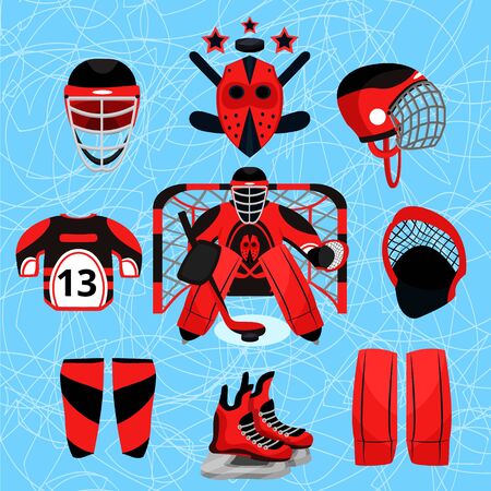 Hockey player set. Modern flat cartoons style vector illustration icons. Isolated on white. Hockey. Hockey equipment.のイラスト素材