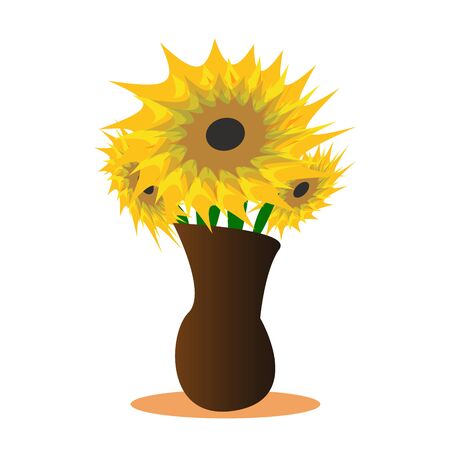 Beautiful bouquet of flowers in vase. Yellow spring, summer autumn flowers. Modern flat cartoons style vector illustration icons. Isolated on white background. Wildflowers. Gerberas, sunflower, helianのイラスト素材