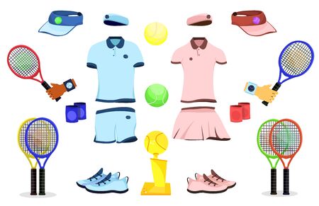 Tennis sport set. Flat cartoons vector illustration icon. Isolated on white. Tennis gear.のイラスト素材