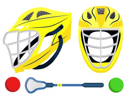 Big lacrosse set. Flat vector illustration icons. Isolated on white. Lacrosse equipments. Goal, wear, ticket, mask, shoes, helmet, stopwatch, food, scoreboard, trophy, referee, gloves. Lacrosse sport.のイラスト素材