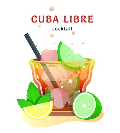 popular alcoholic cocktail. exotic tropical beach bar. fresh drink in glass cup with lime, mint. modern flat cartoon vector illustration icons on white.のイラスト素材