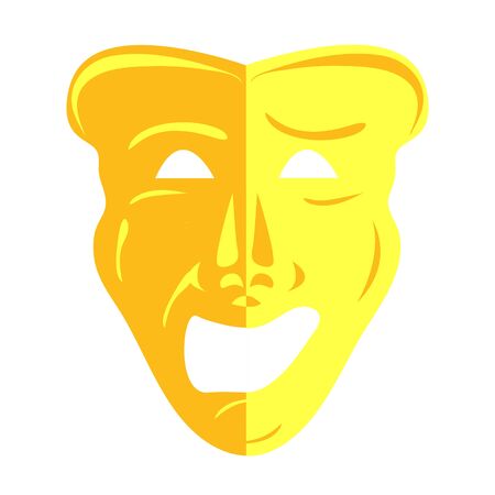 Gold theatrical masks. Comedy and tragedy. Comedy and tragedy theater masks with blue and red ribbons. Modern flat cartoons style vector illustration icons. Isolated on white background. Theater masksのイラスト素材