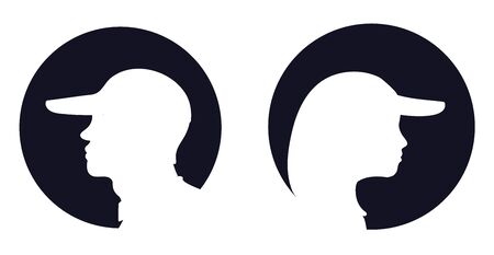 White silhouette woman and man of in cap side view on black circle. Modern flat cartoons style vector illustration icons. Isolated on white background.Woman and man in cap. Users,toilet,company,sportのイラスト素材