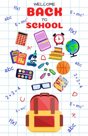 Welcome back to school banner,poster with colorful school supplies,education tools,bag,book. Flat cartoon vector illustration. Isolated on blue background. First day in school. School stationery.のイラスト素材