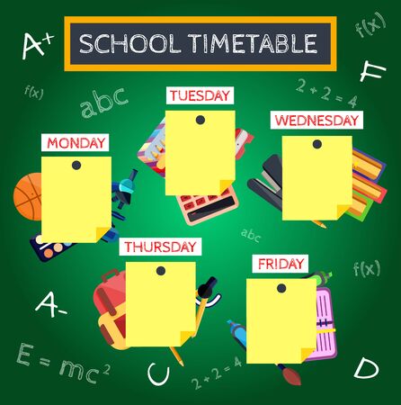 Welcome back to school banner,poster with colorful school supplies,education tools,bag,book. Flat cartoon vector illustration. Isolated on blue background. First day in school. School stationery.のイラスト素材