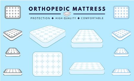 Orthopedic mattress set. Correct, incorrect sleep position. Layered mattress. White double bed, sofa.  Absorbing material while offering  breathable, comfortable, protection. Flat cartoon vector.のイラスト素材