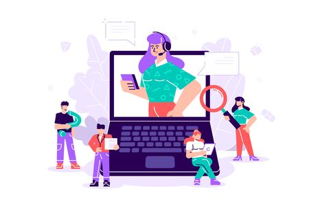 Concept customer service, hotline operator advises client for web page, banner, presentation, social media. Online global technical support 247. Vector illustration Idea of advice, help, assistantのイラスト素材