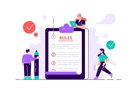 Rules concept. Regulations checklist persons. Restricted graphic writing with law information. Society control guidelines and strategy for company order and restrictions. Flat tiny vector illustrationのイラスト素材