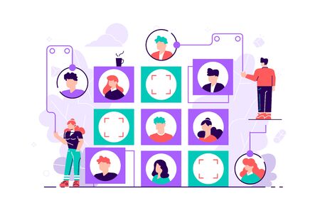 Businessmen are considering a resume. Vector business graph, open vacancy. Business company is looking for an employee for a job. Vector flat color icons, creative illustrations for web page, templateのイラスト素材