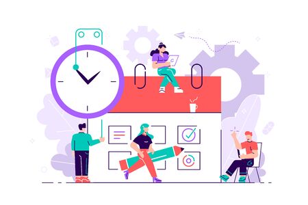 Little people characters make an online schedule in the tablet. Vector design business graphics tasks scheduling on a week. Flat vector illustration for web page, social media, documents, cards.Vectorのイラスト素材